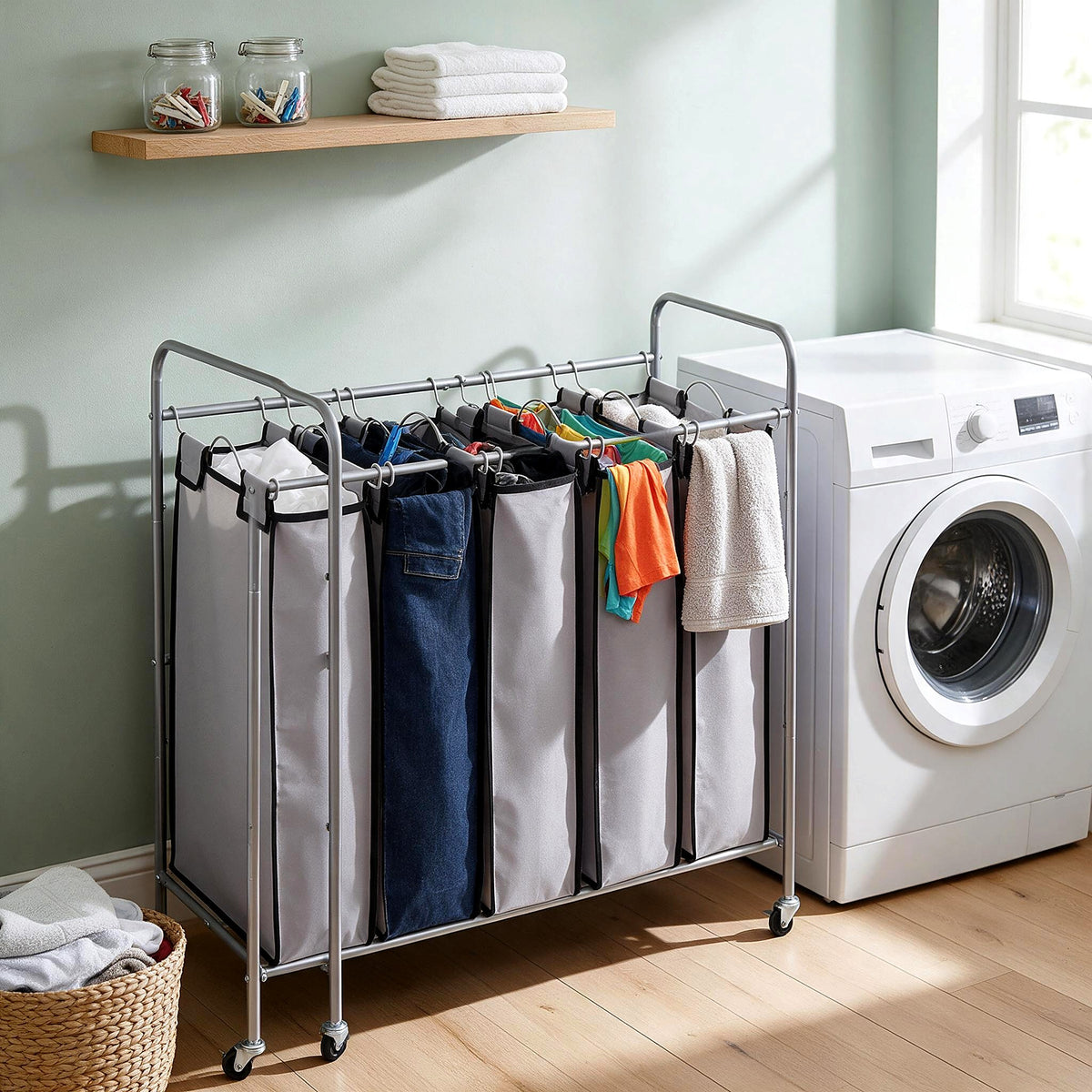 4-section rolling laundry sorter in a utility room