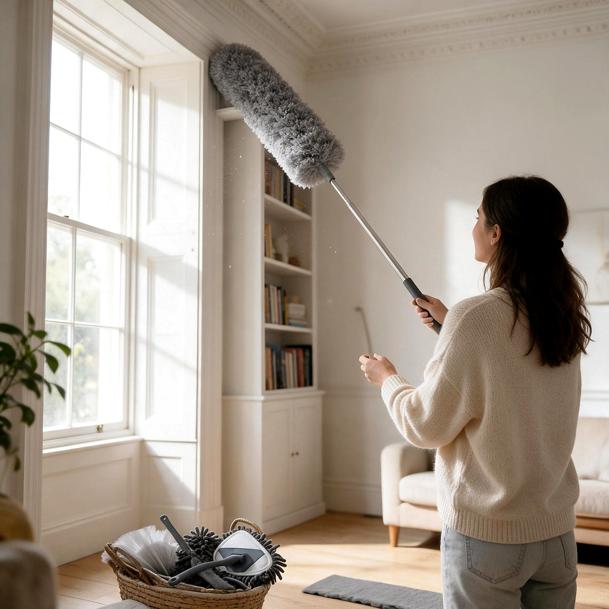 Telescopic microfibre duster reaching a high bookcase