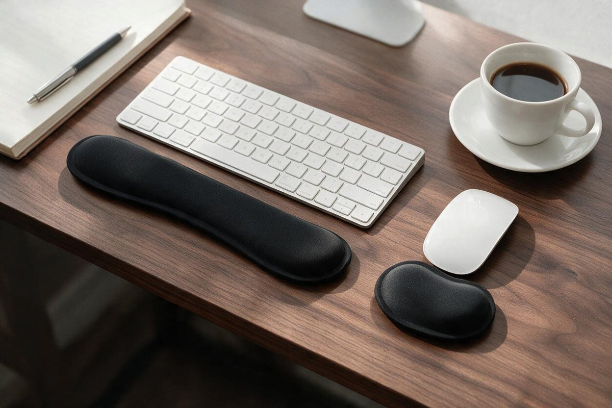 Black wrist pads with a keyboard and mouse on a walnut desk