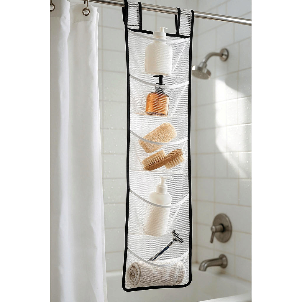 7-pocket hanging mesh shower caddy holding bathroom essentials