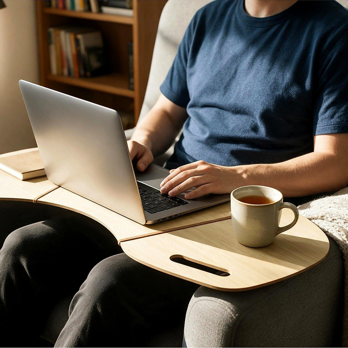 Oversized wooden lap desk resting on an armchair