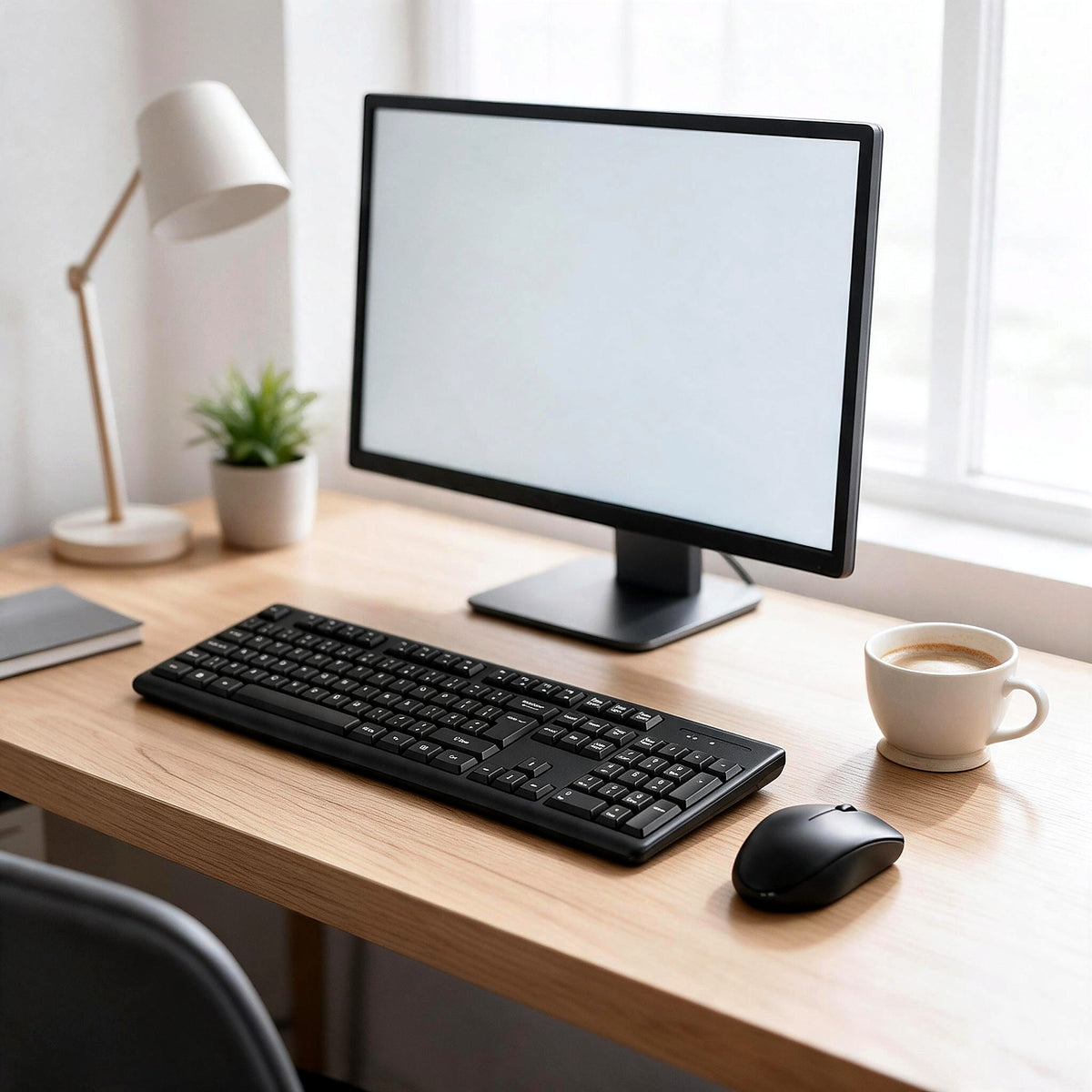 Wireless keyboard and mouse set on a home office desk