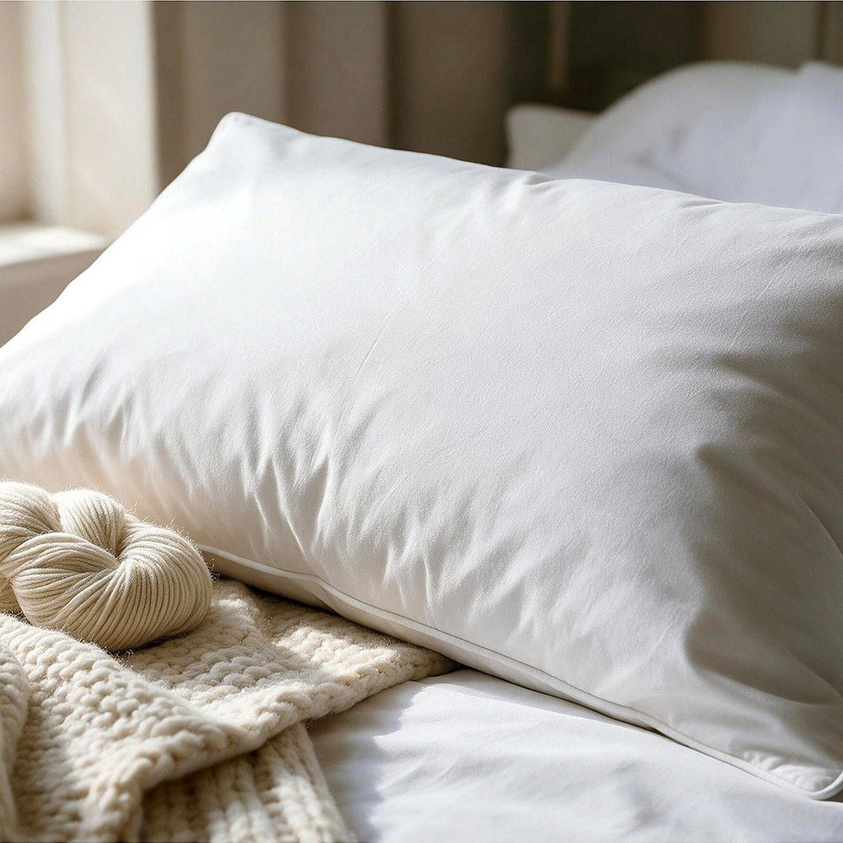 Yorkshire wool pillow on a made bed with a cream knitted throw
