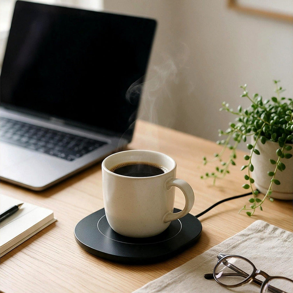 Mug warmer on a home office desk
