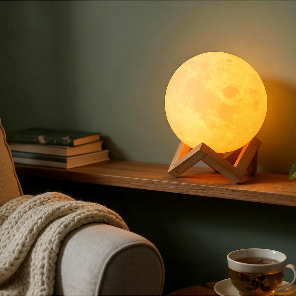 Moon lamp glowing on a shelf in a cosy living room