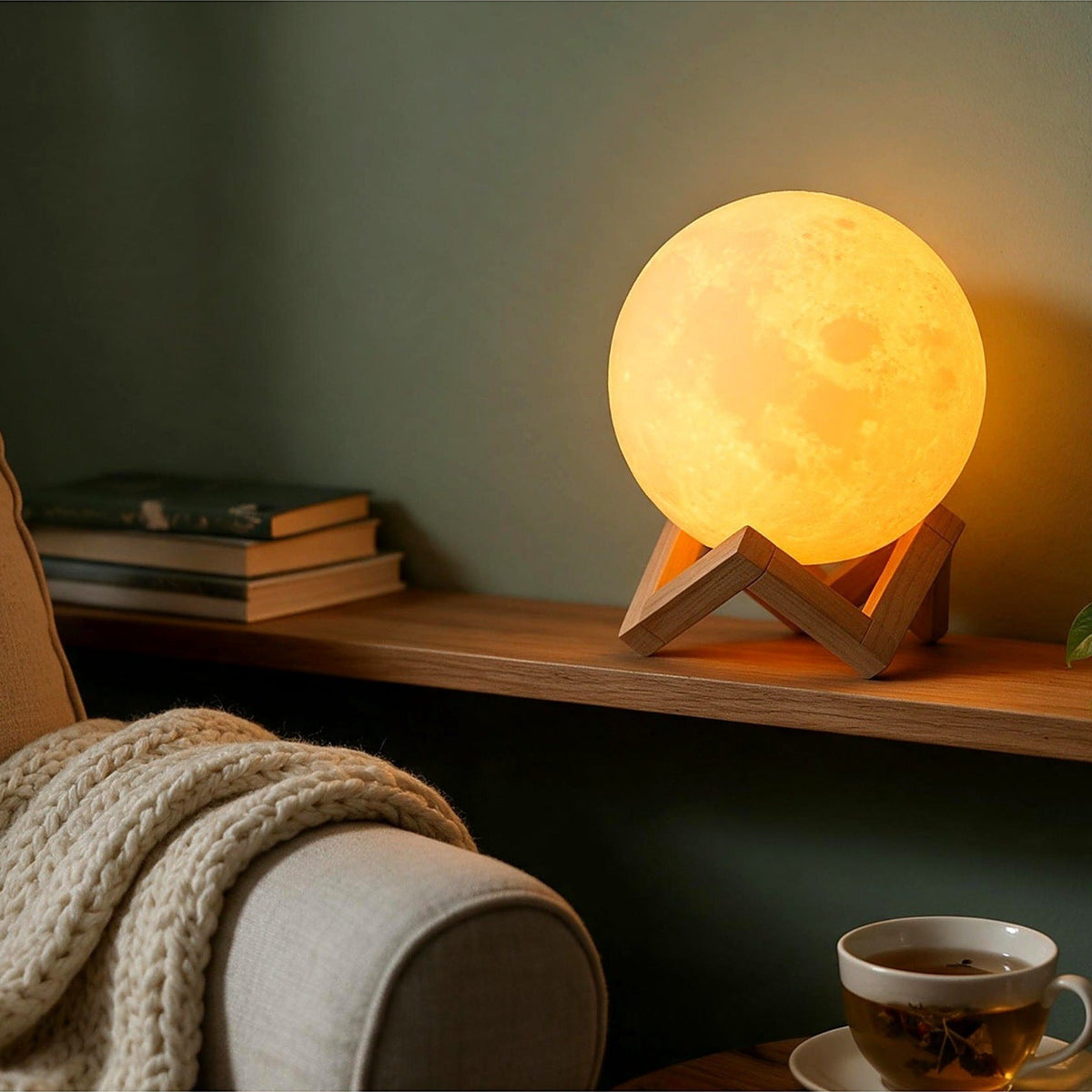 Moon lamp glowing on a shelf in a cosy living room