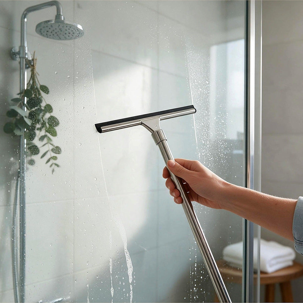 Stainless steel squeegee clearing a glass shower screen