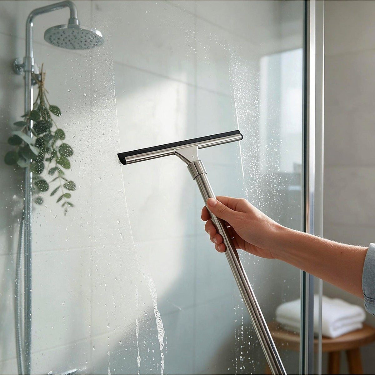 Stainless steel squeegee clearing a glass shower screen