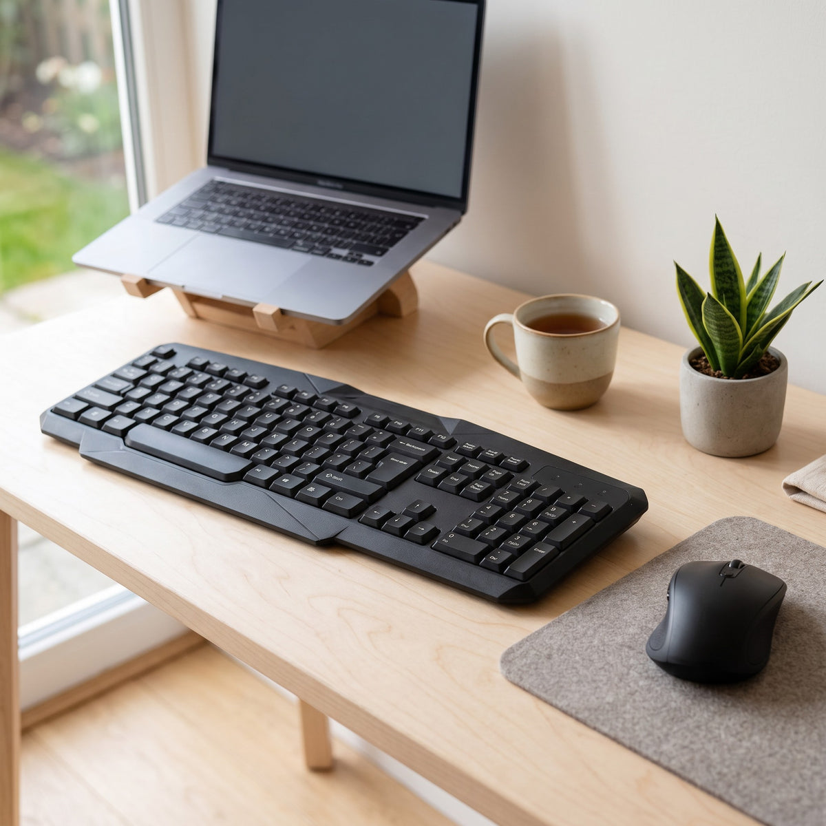 Wireless keyboard and mouse on a home office desk