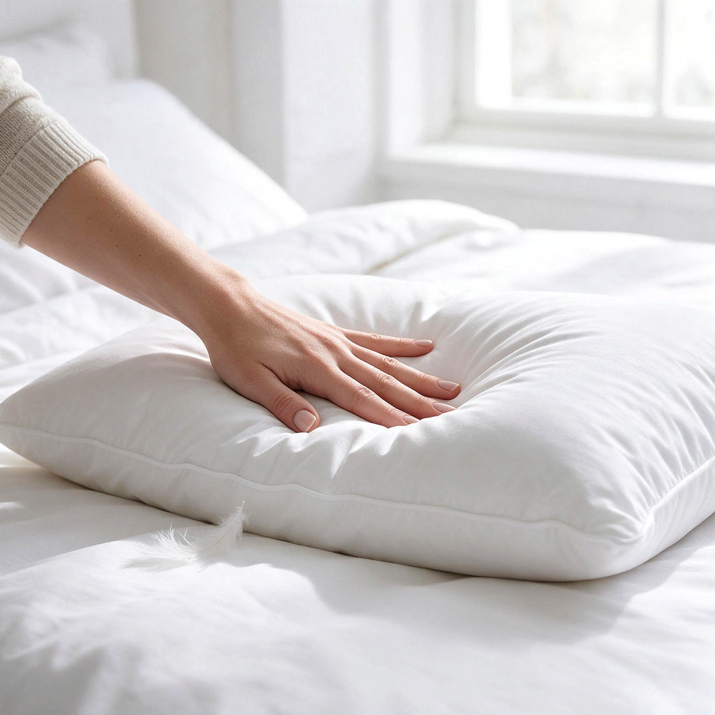 Hand pressing into a soft white goose down pillow