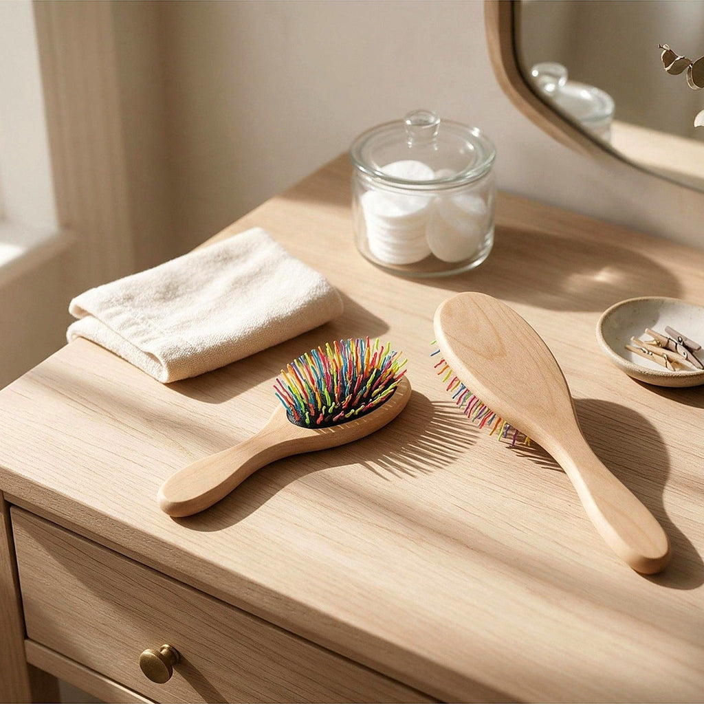 Two wooden hairbrushes on a dressing table