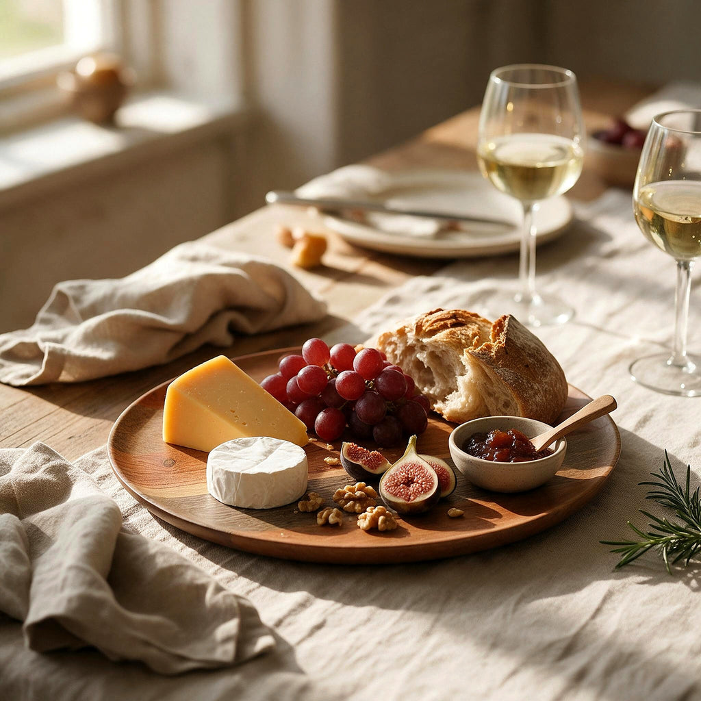 Round wooden serving plate with cheese, bread and fruit