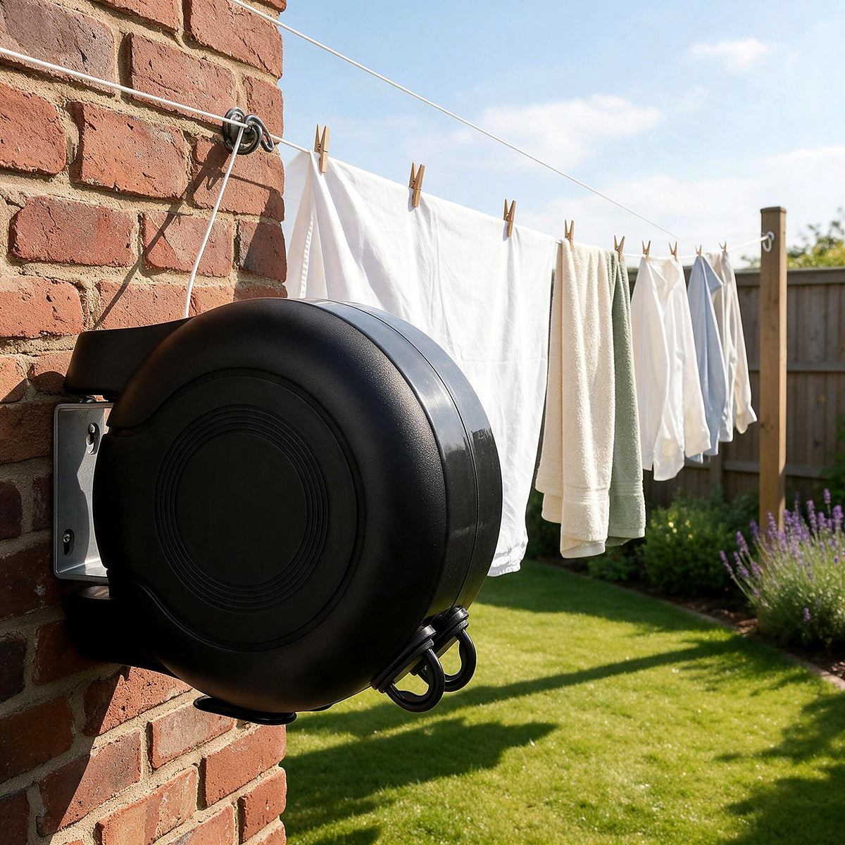 Retractable twin washing line on a garden wall with laundry drying